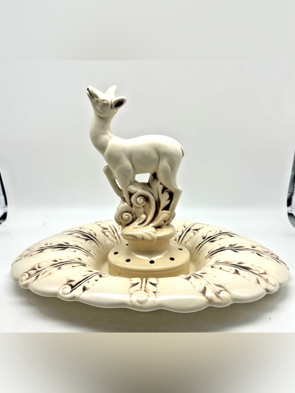 Vintage Red Wing Pottery #526 Ivory / Fawn Console Bowl & Deer Flower Frog